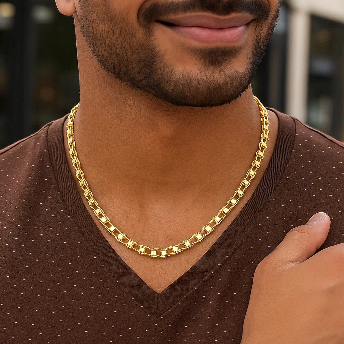 14k Yellow Gold Mens Necklace with Track Design Links (5.00 mm)