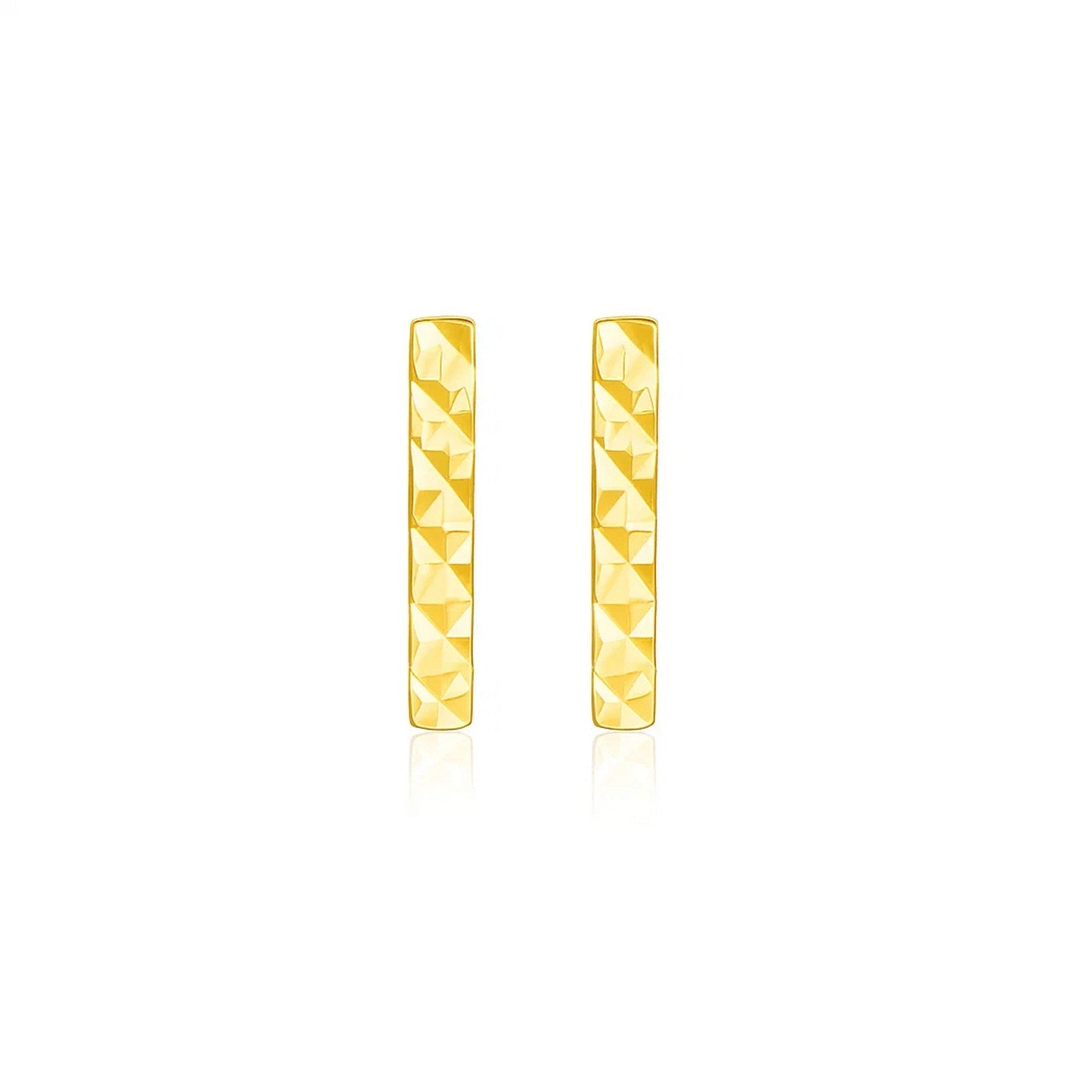 14k Yellow Gold Textured Bar Earrings in a sleek high-contrast midnight luxury editorial style