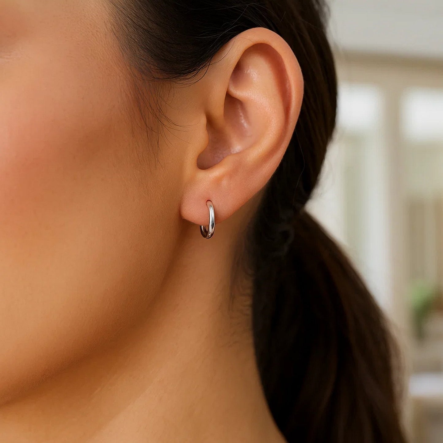 Sterling Silver Rhodium Plated Thin and Small Polished Hoop Earrings (2x10mm) - Peelerie