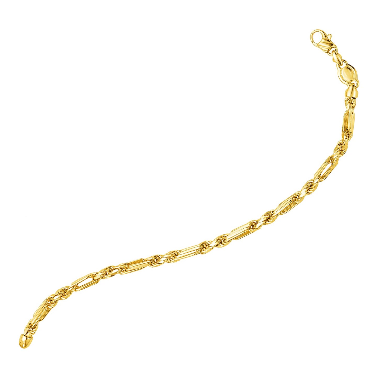 14k Yellow Gold 8 1/2 inch Figaro Chain Bracelet (4.30 mm) in a sleek high-contrast midnight luxury editorial style