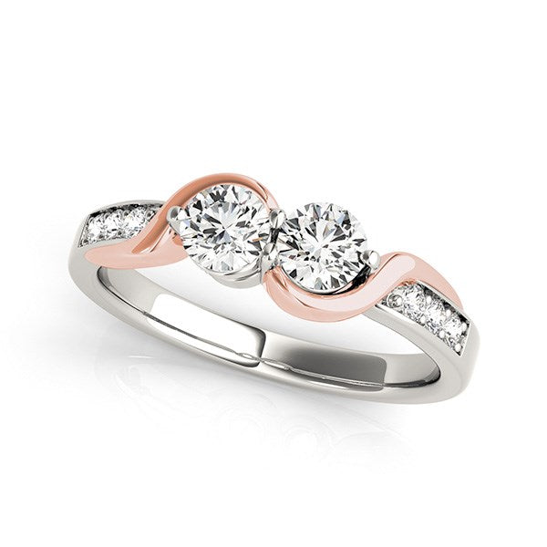 14k White And Rose Gold Round Two Diamond Curved Band Ring (5/8 cttw) in a sleek high-contrast midnight luxury editorial styl