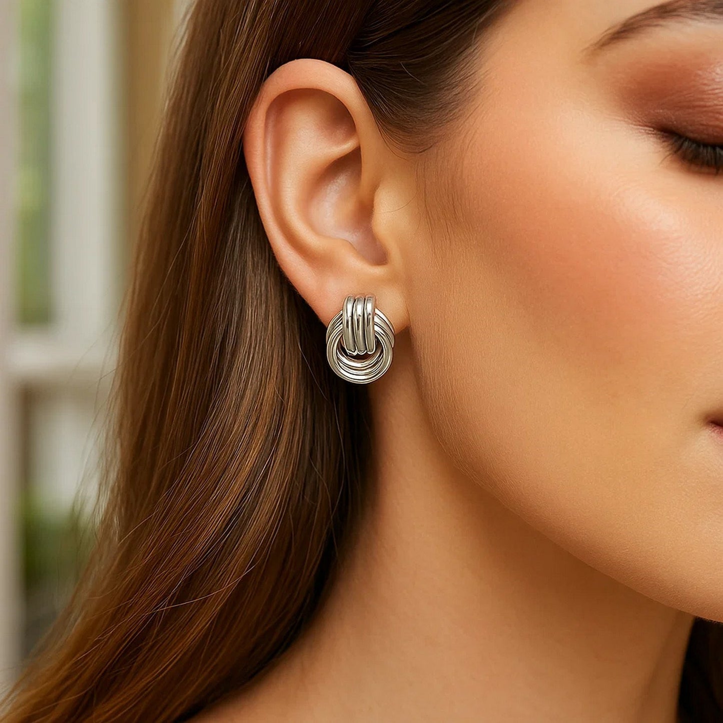 Polished Love Knot Earrings with Interlocking Rings in Sterling Silver(15mm) - Peelerie