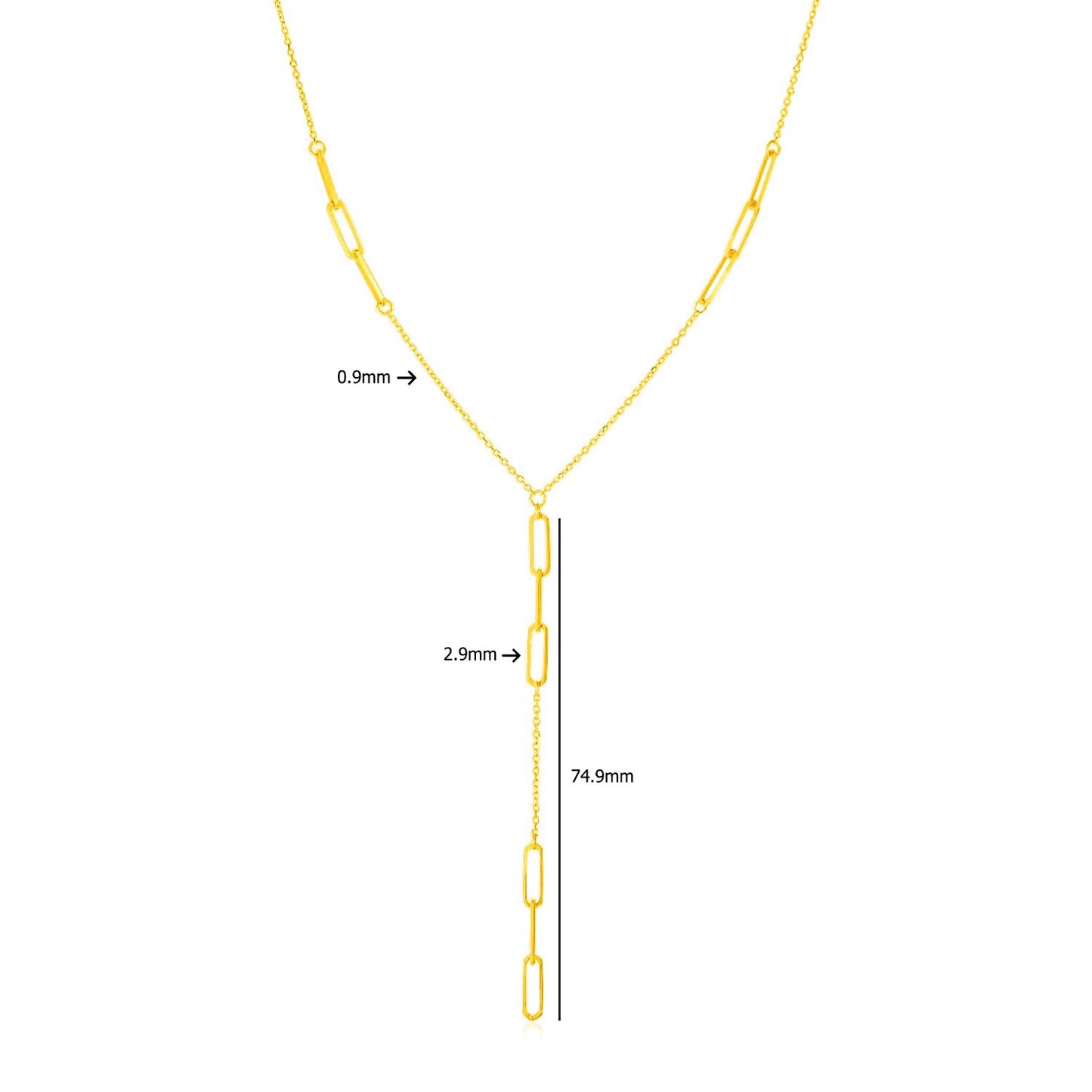 14K Yellow Gold Lariat Necklace with Paperclip Chain Stations
