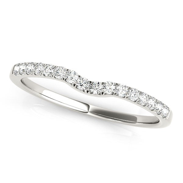 14k White Gold Curved Pave Setting Diamond Wedding Ring (1/8 cttw) in a sleek high-contrast midnight luxury editorial style