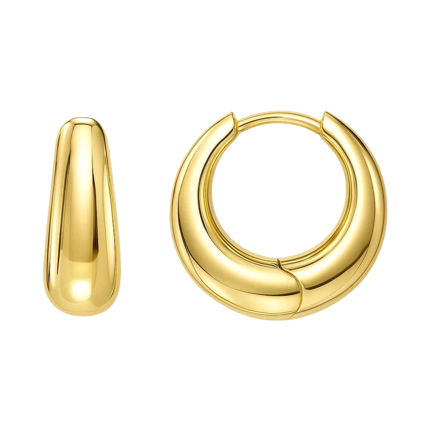 Tapered Huggie Hoop Earrings in 14K Yellow Gold in a sleek high-contrast midnight luxury editorial style