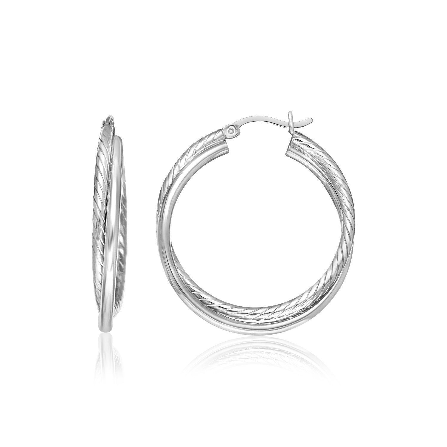 Sterling Silver Ridged Hoop Earrings with Textured Design in a sleek high-contrast midnight luxury editorial style