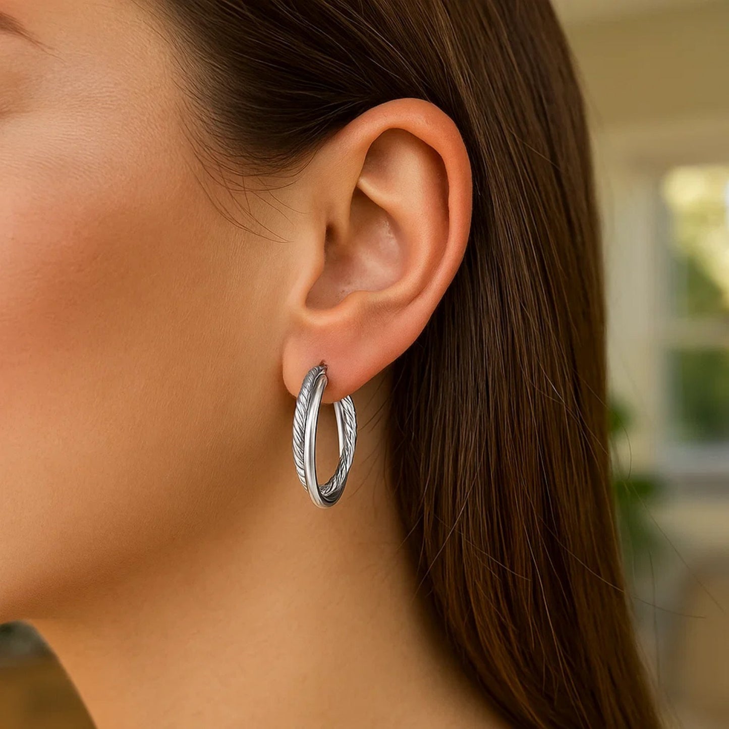 Sterling Silver Ridged Hoop Earrings with Textured Design - Peelerie