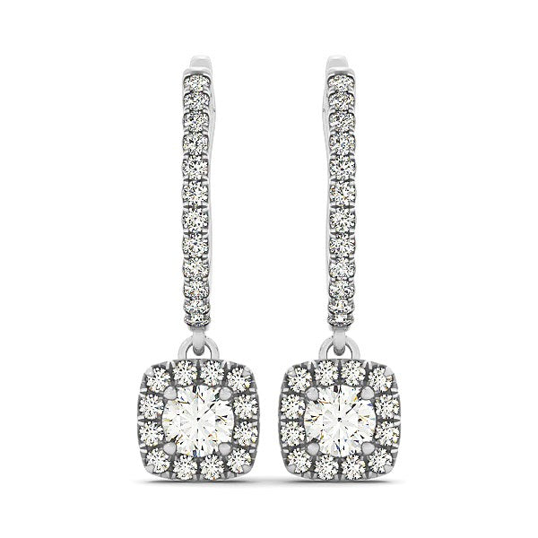 Cushion Shape Halo Style Diamond Drop Earrings in 14k White Gold (1/2 cttw) in a sleek high-contrast midnight luxury editoria