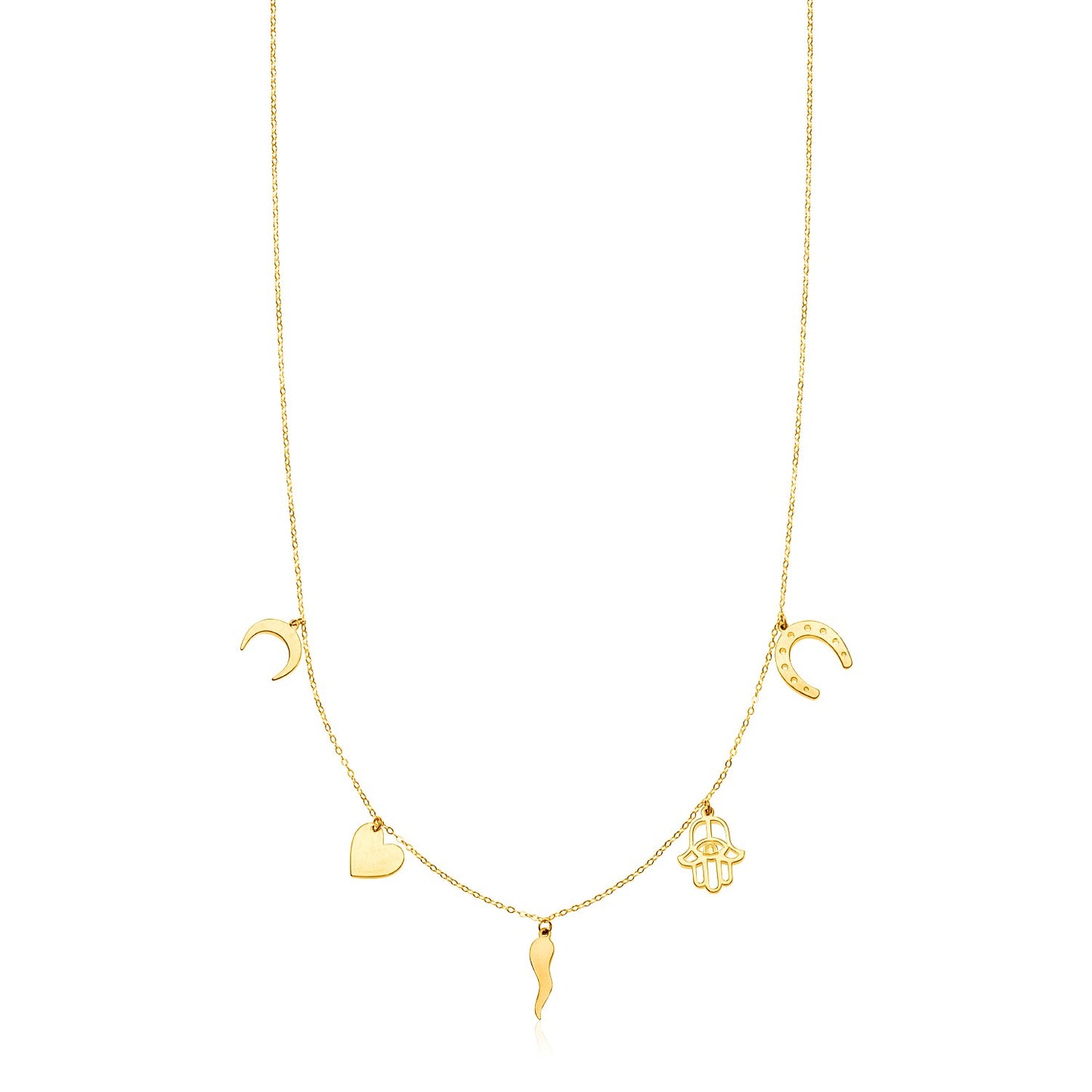 14K Yellow Gold Necklace with Polished Charms in a sleek high-contrast midnight luxury editorial style