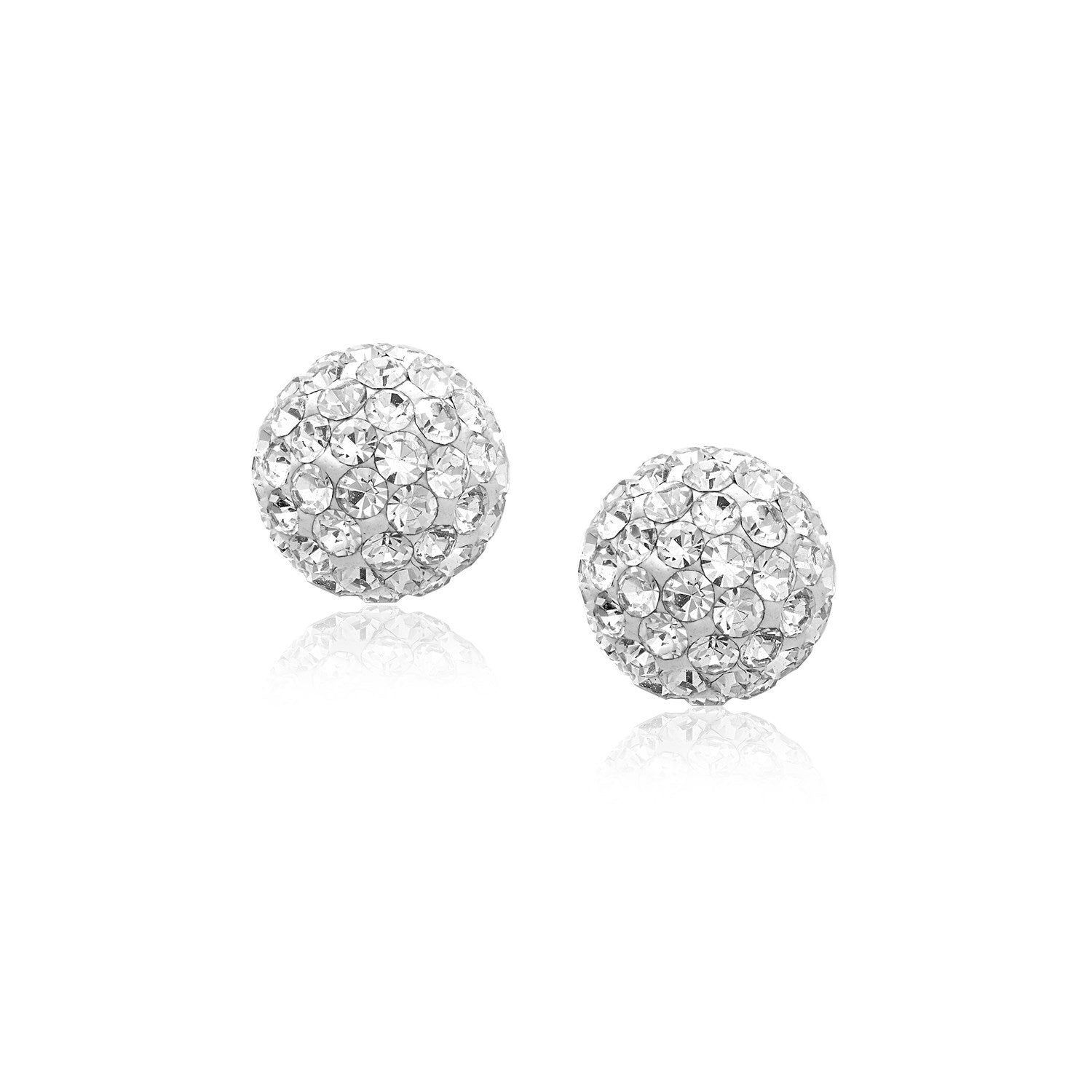 White Tone Crystal Ball Stud Earrings in 14k Yellow Gold(8mm) in a sleek high-contrast midnight luxury editorial style