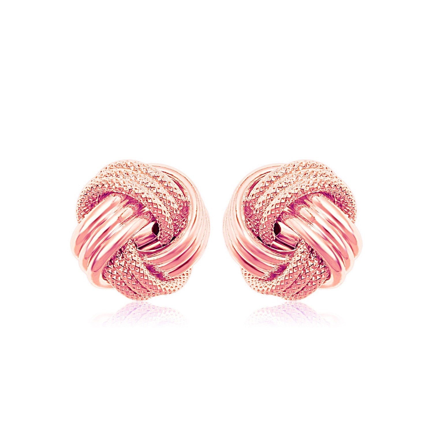 14k Rose Gold Love Knot with Ridge Texture Earrings in a sleek high-contrast midnight luxury editorial style