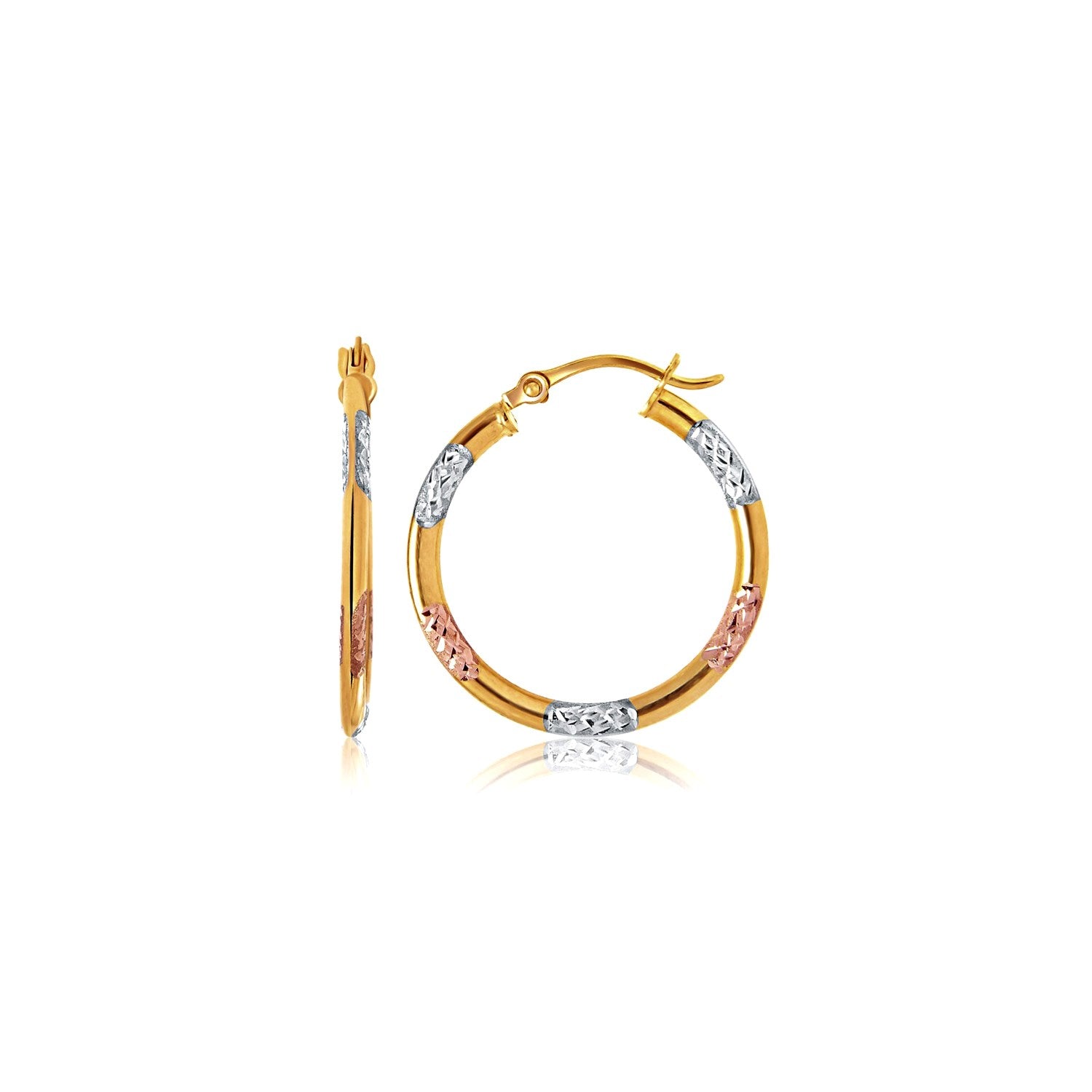 10k Tri-Color Gold Classic Hoop Earrings with Diamond Cut Details(20mm) in a sleek high-contrast midnight luxury editorial st