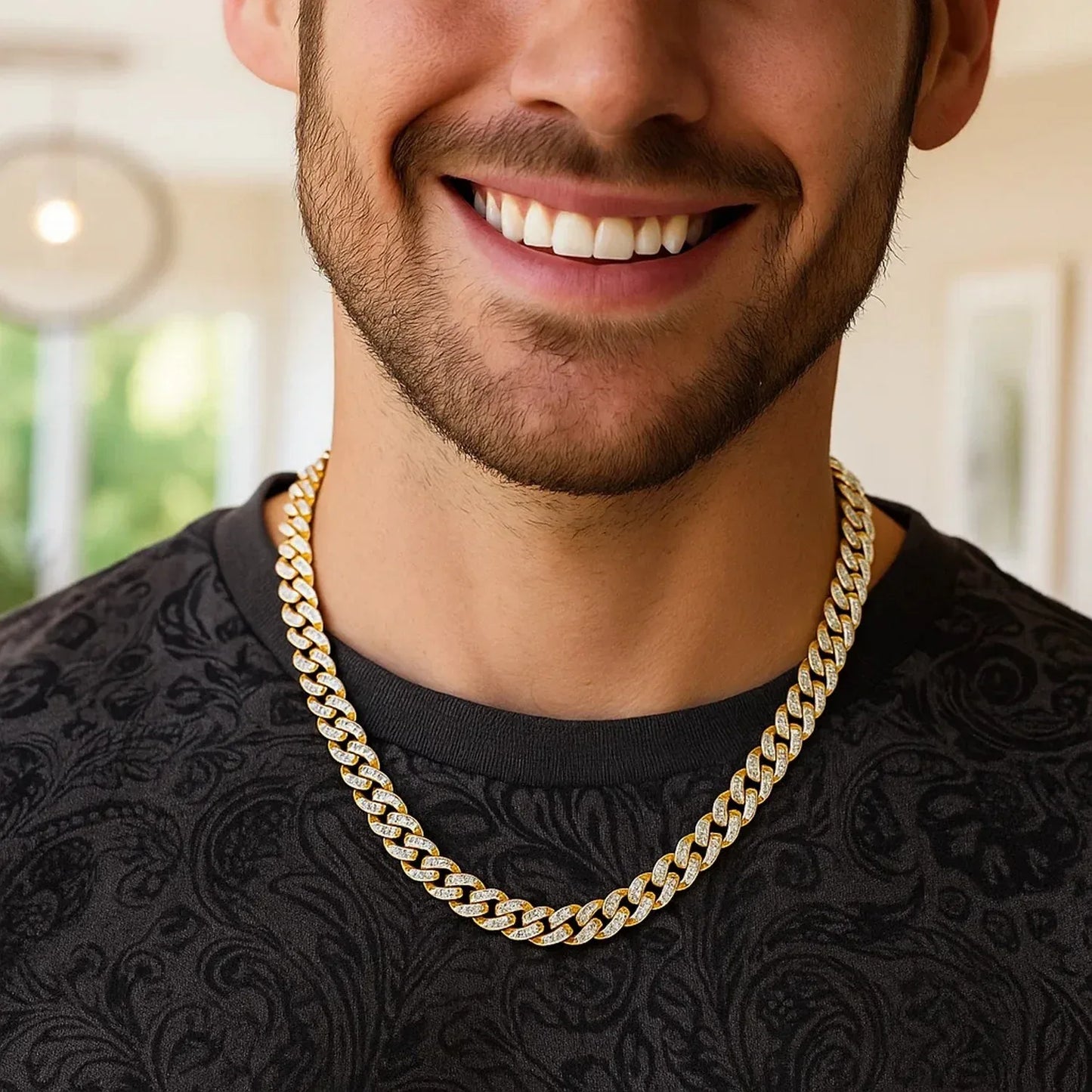 14k Yellow Gold White Pave High Polish Modern Lite Miami Cuban Chain (8.00 mm) - Peelerie