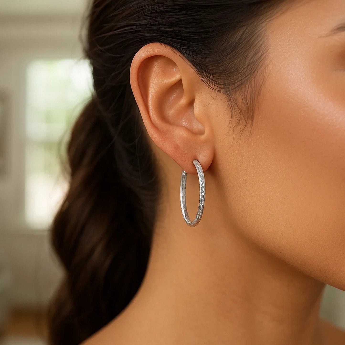 Sterling Silver Large Hoop Earrings with Hammered Texture(3x20mm) - Peelerie