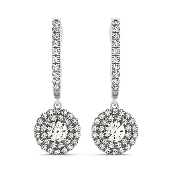 14k White Gold Double Halo Round Diamond Drop Earrings (1 cttw) in a sleek high-contrast midnight luxury editorial style