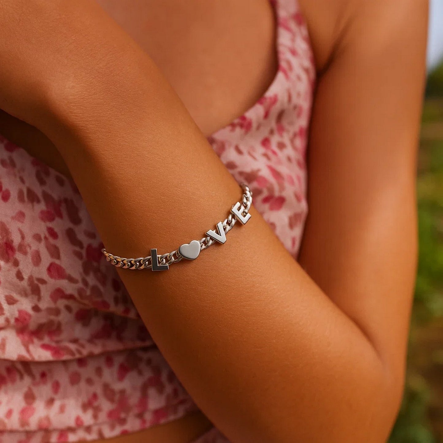 Sterling Silver Rhodium Plated Love Chain Bracelet