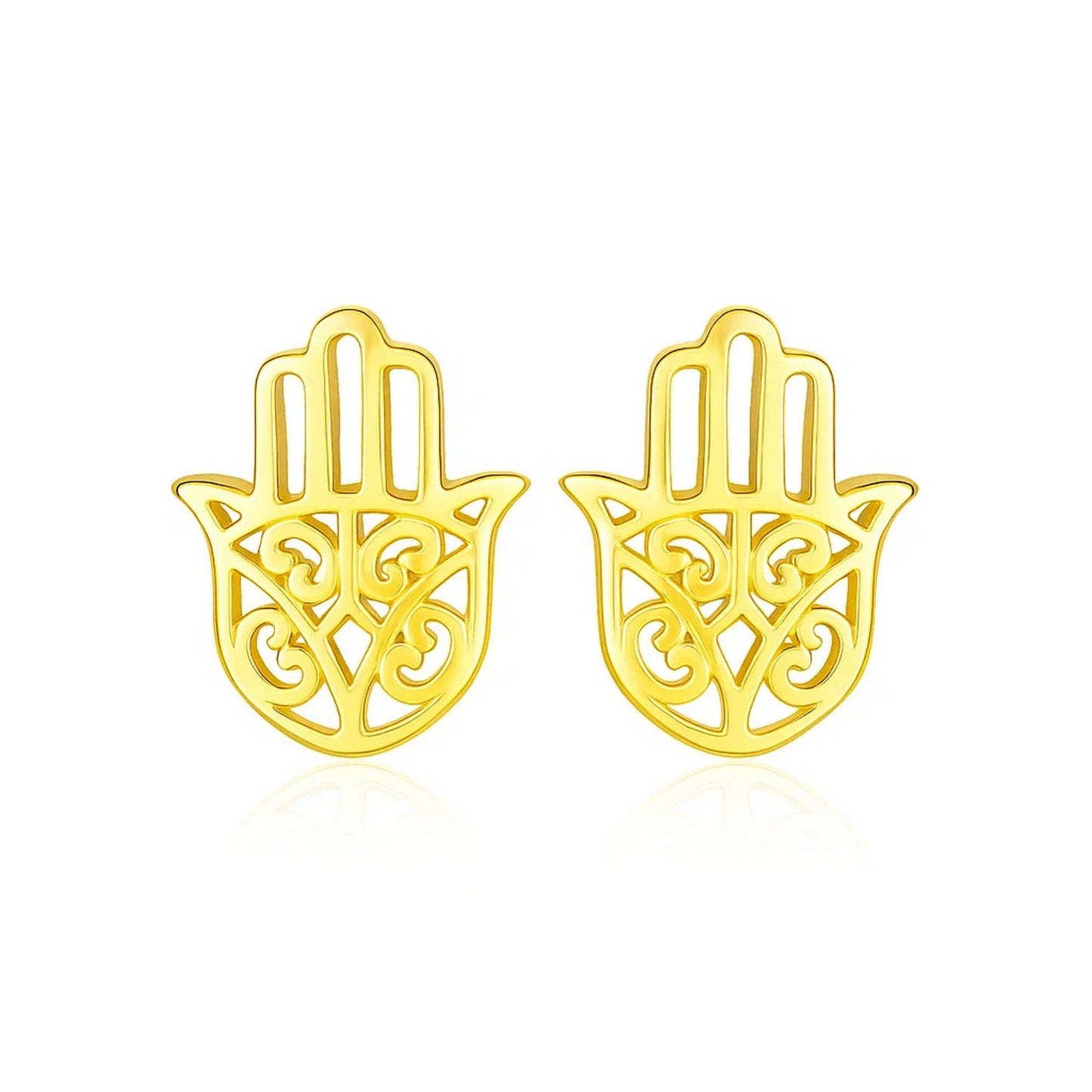 14k Yellow Gold Polished Hand of Hamsa Post Earrings in a sleek high-contrast midnight luxury editorial style