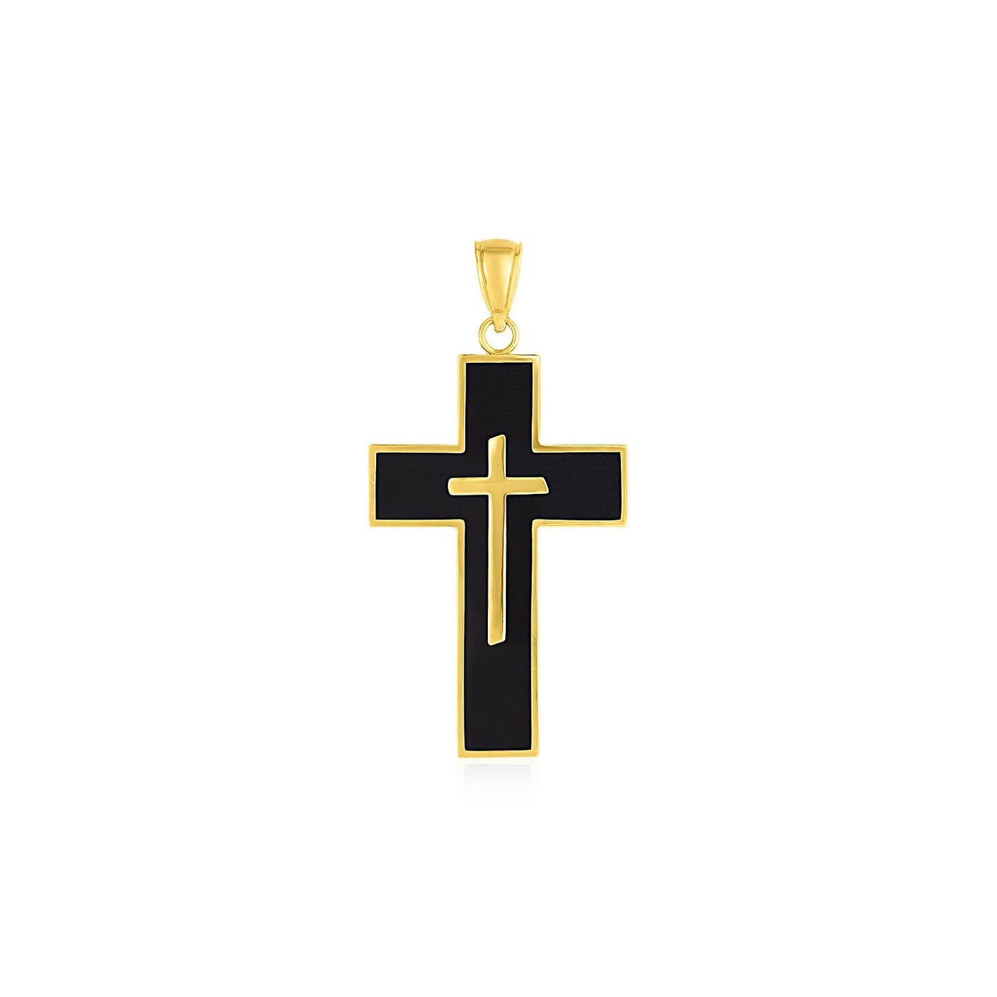 Cross Pendant with Black Enamel in 14k Yellow Gold in a sleek high-contrast midnight luxury editorial style