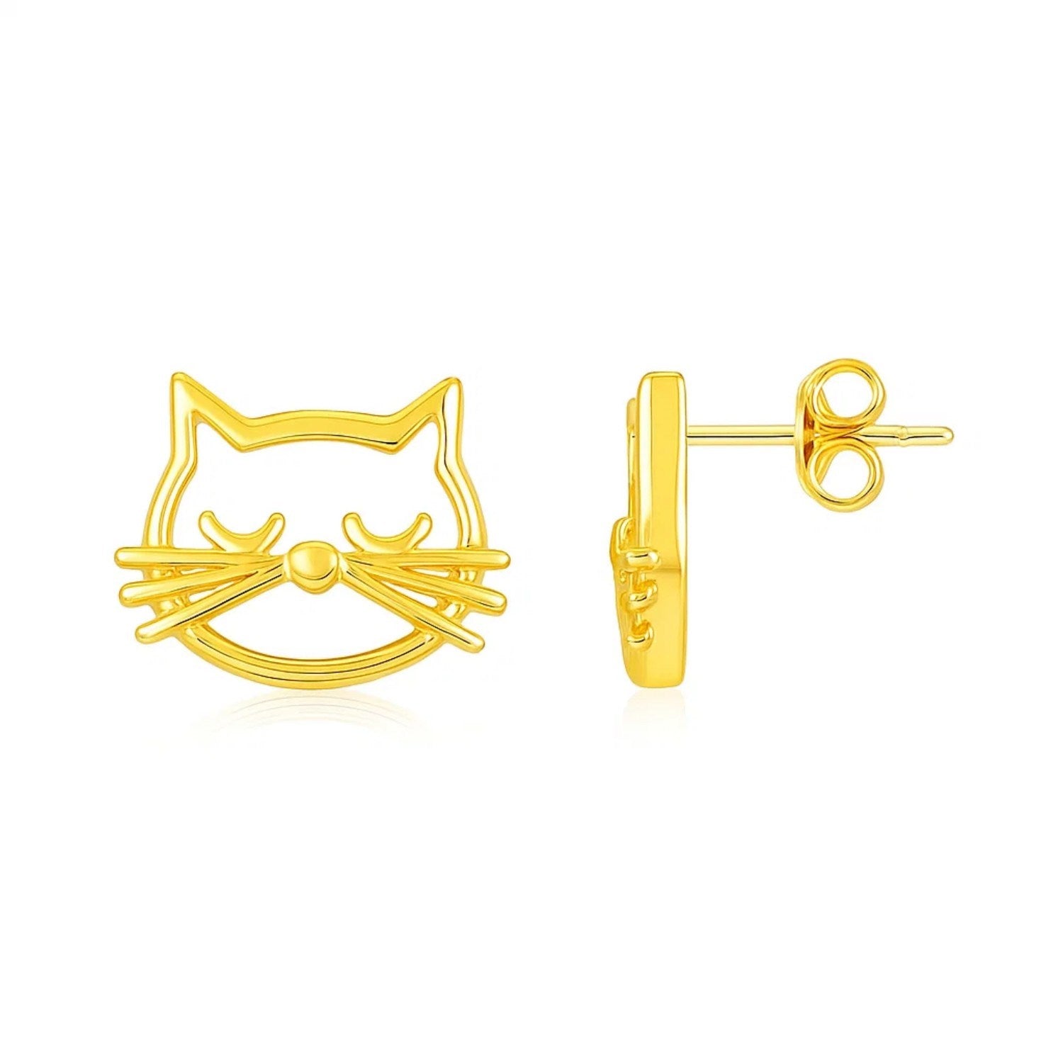 14K Yellow Gold Cat Head Earrings in a sleek high-contrast midnight luxury editorial style