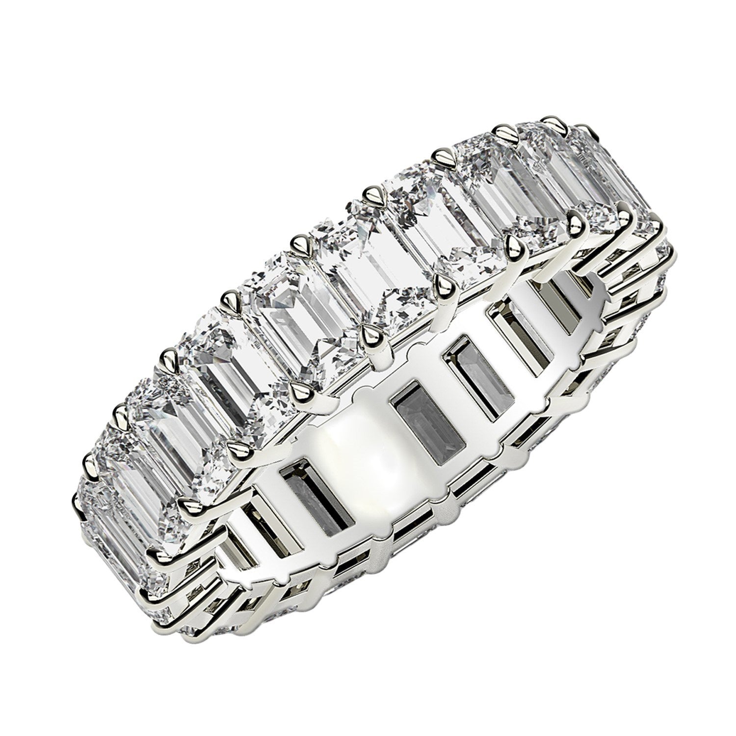 Emerald Cut Lab Grown Diamond Eternity Ring in 14k White Gold (3 cttw FG/VS2) in a sleek high-contrast midnight luxury editor