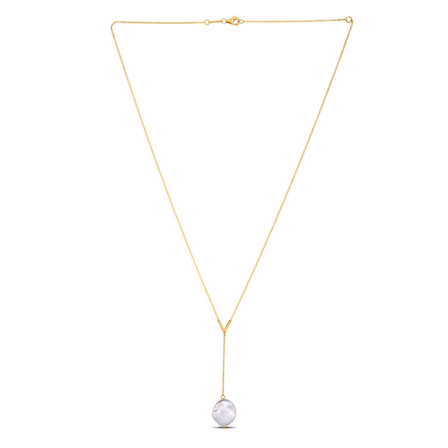 14k Yellow Gold Tesoro Pearl Lariat Necklace in a sleek high-contrast midnight luxury editorial style