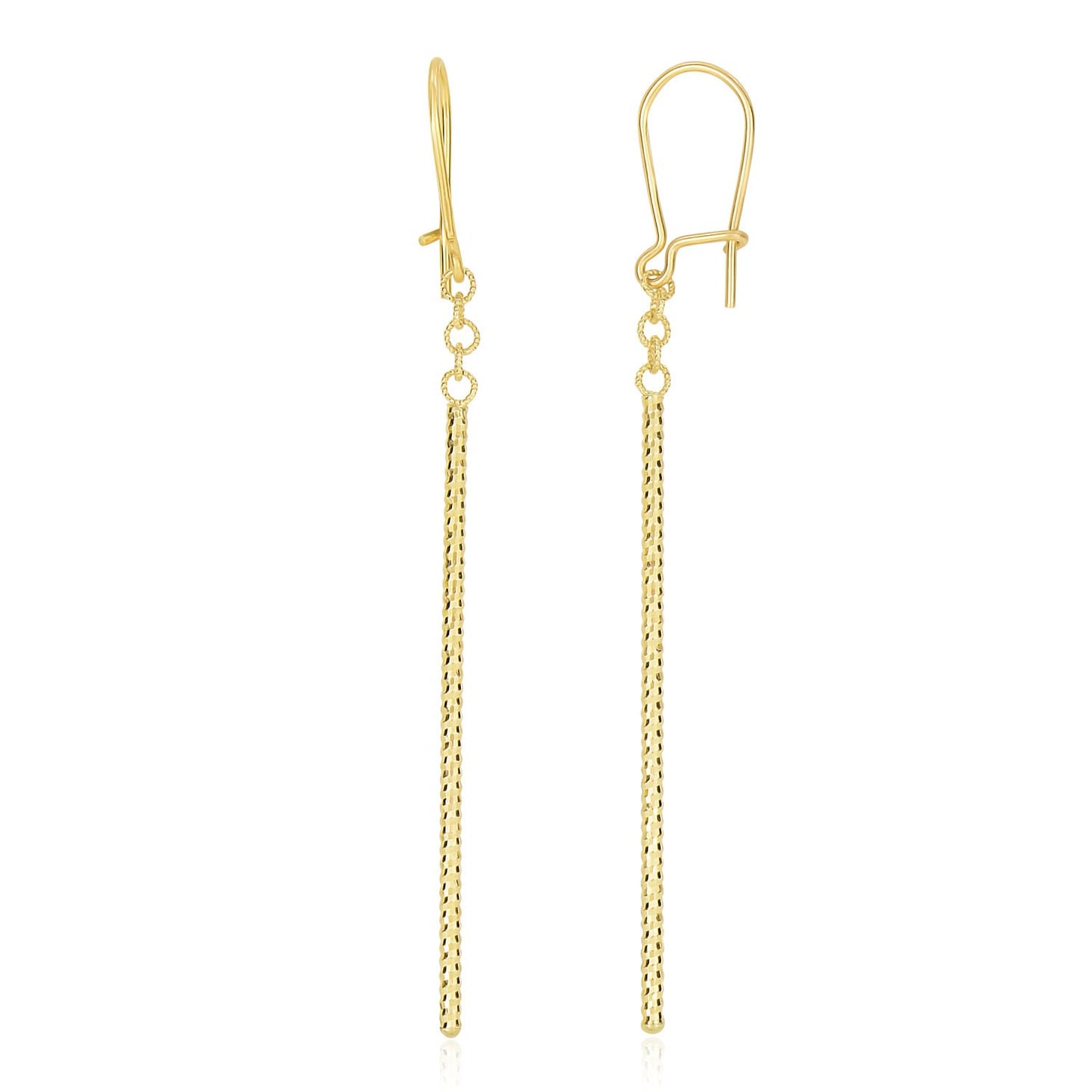 14k Yellow Gold Long Bar Diamond Cut Drop Earrings in a sleek high-contrast midnight luxury editorial style