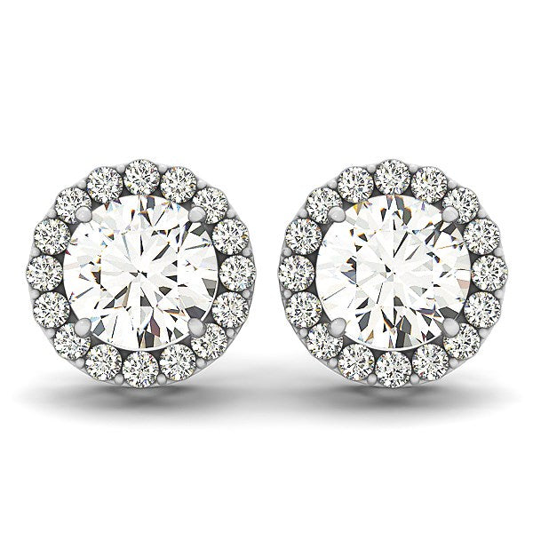 14k White Gold Four Prong Round Halo Diamond Earrings (1 1/6 cttw) in a sleek high-contrast midnight luxury editorial style