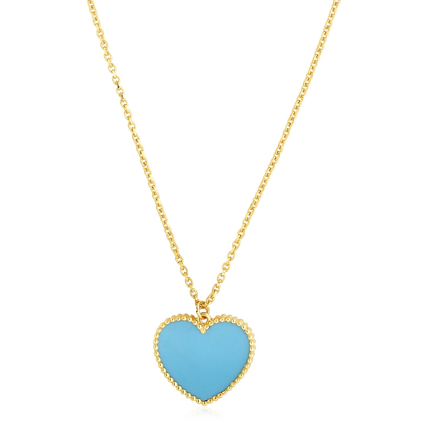 14k Yellow Gold High Polish Heart Turquoise Paste Necklace in a sleek high-contrast midnight luxury editorial style
