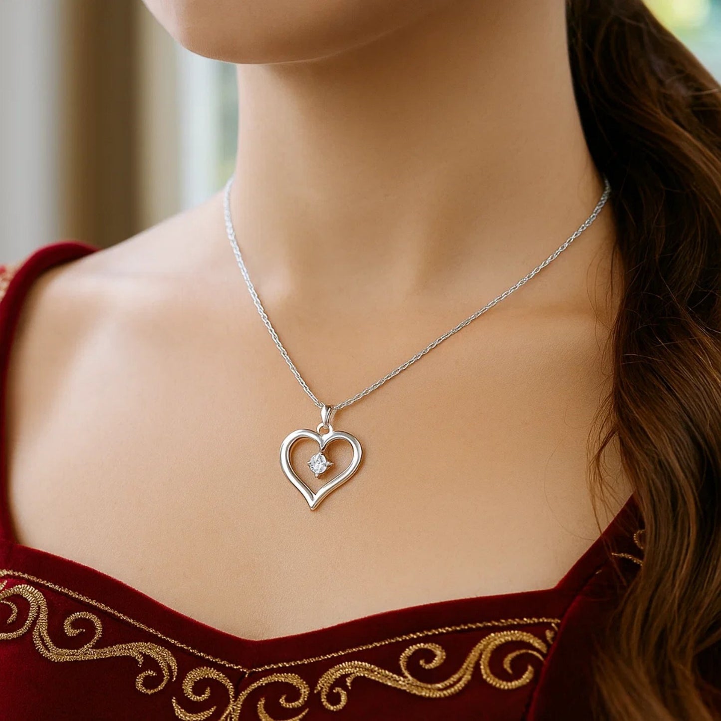 Sterling Silver Diamond Embellished Open Heart Pendant (.03 cttw)