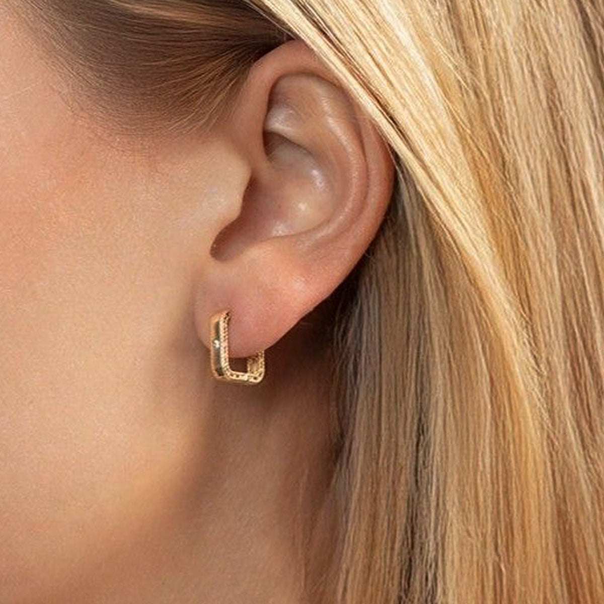 14K Yellow Gold Diamond Square Huggie Earrings