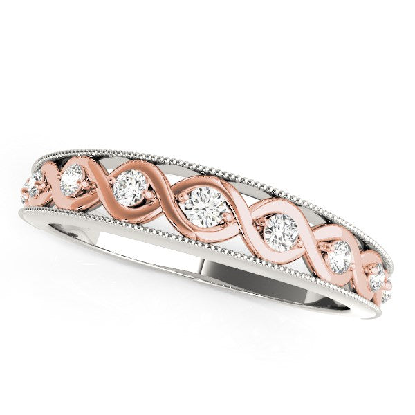 14k White And Rose Gold Infity Diamond Wedding Band (1/8 cttw) in a sleek high-contrast midnight luxury editorial style
