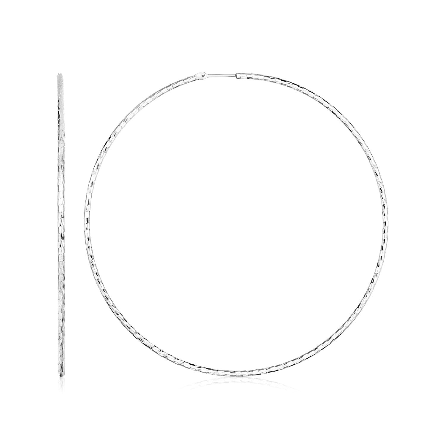 Sterling Silver Large Textured Round Hoop Earrings(1.6x60mm) in a sleek high-contrast midnight luxury editorial style