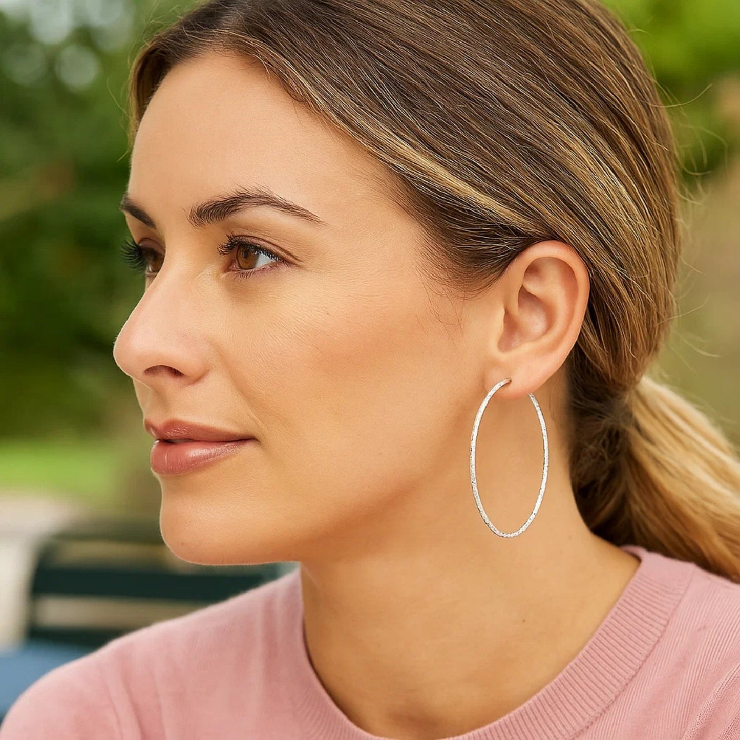 Sterling Silver Large Textured Round Hoop Earrings(1.6x60mm) - Peelerie