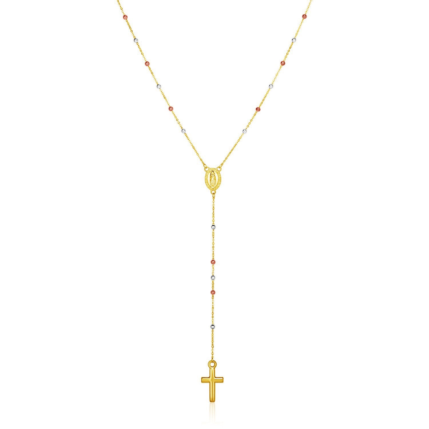 14k Tri Color Gold Lariat Rosary Necklace in a sleek high-contrast midnight luxury editorial style