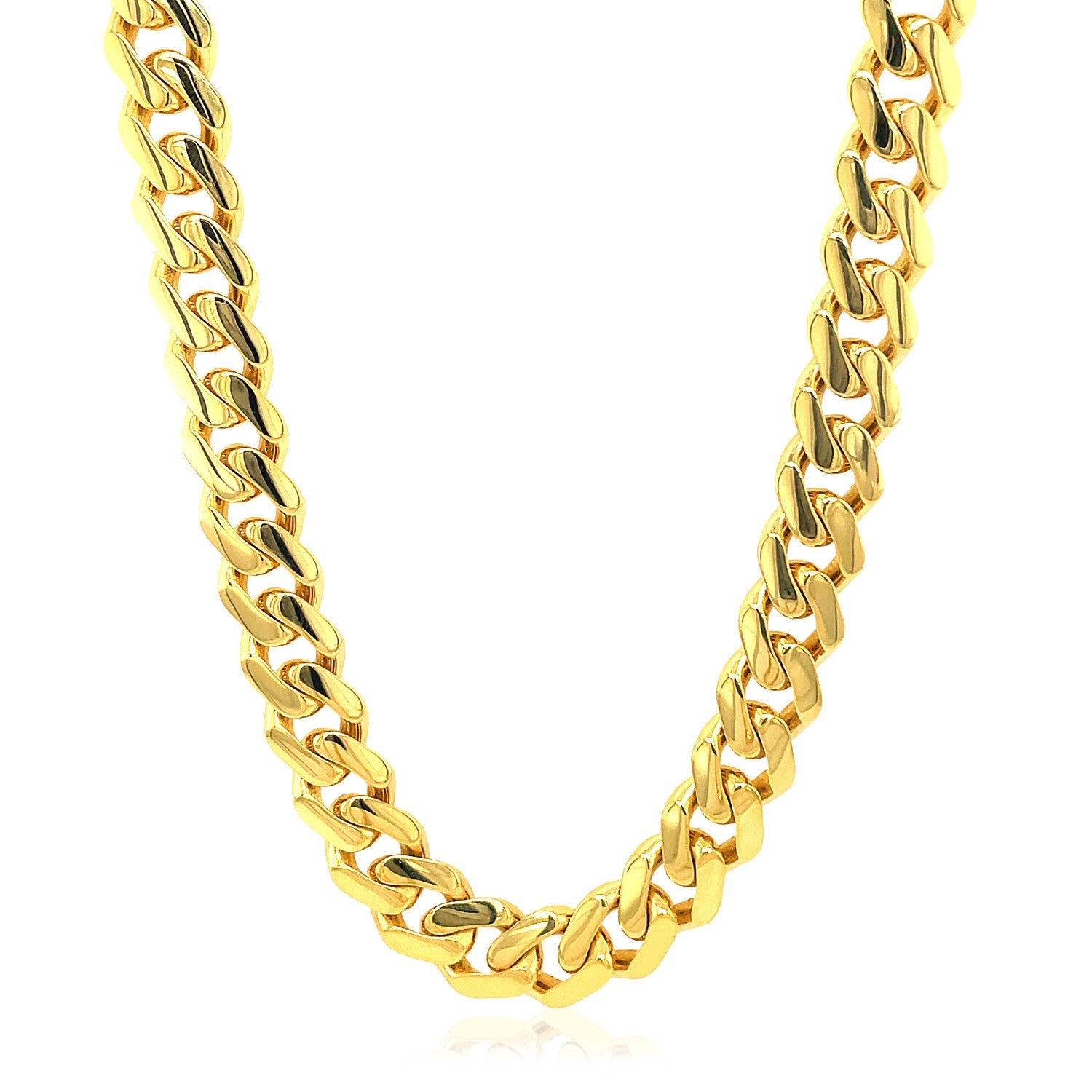 14k Yellow Gold Polished Miami Cuban Chain Necklace in a sleek high-contrast midnight luxury editorial style