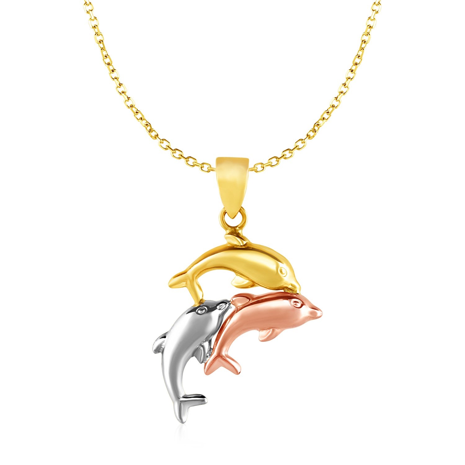 Pendant with Three Dolphins in 10k Tri Color Gold in a sleek high-contrast midnight luxury editorial style