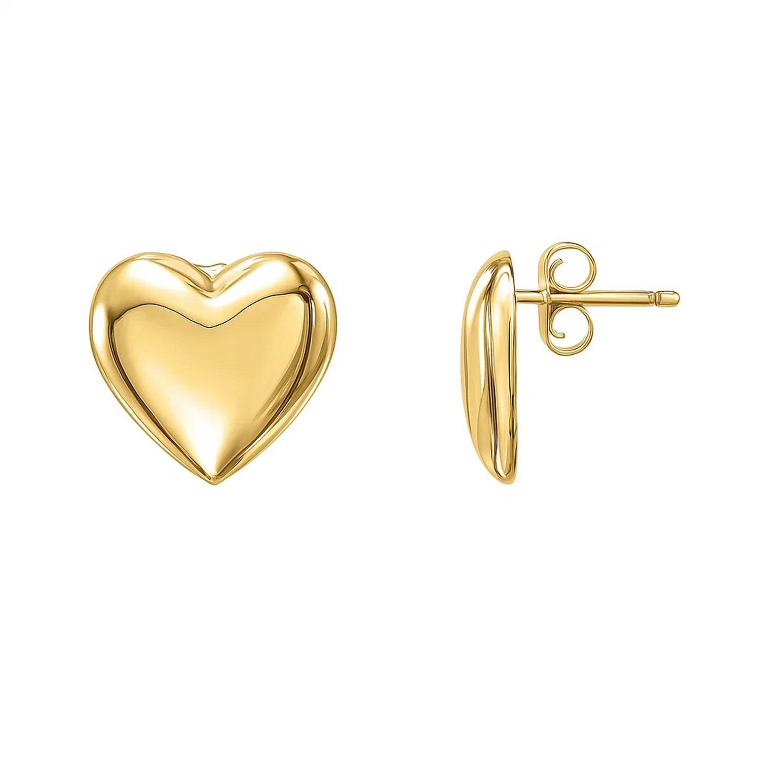 Puffed Up Heart Stud Earrings in 14K Yellow Gold in a sleek high-contrast midnight luxury editorial style