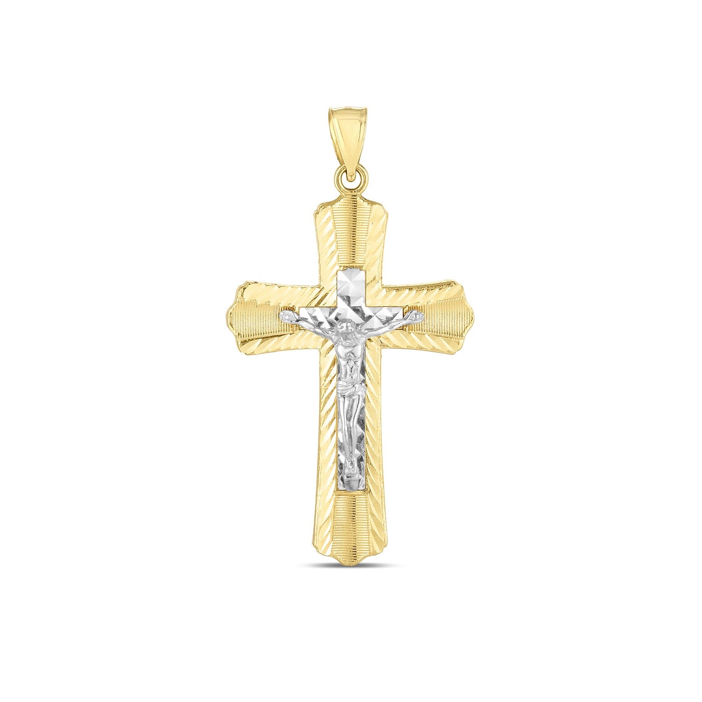 14k Two Tone Gold High Polish Diamond Cut Cross Pendant in a sleek high-contrast midnight luxury editorial style