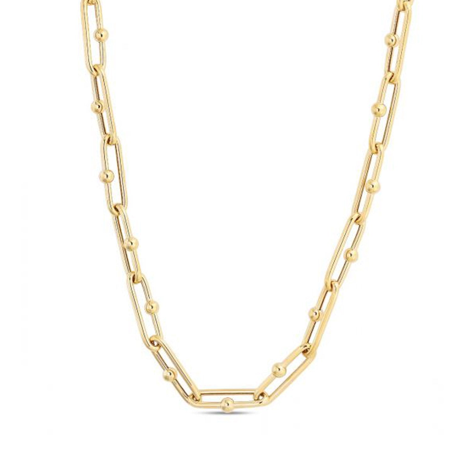 14k Yellow Gold High Polish Elongated Paperclip Jax Link Necklace in a sleek high-contrast midnight luxury editorial style