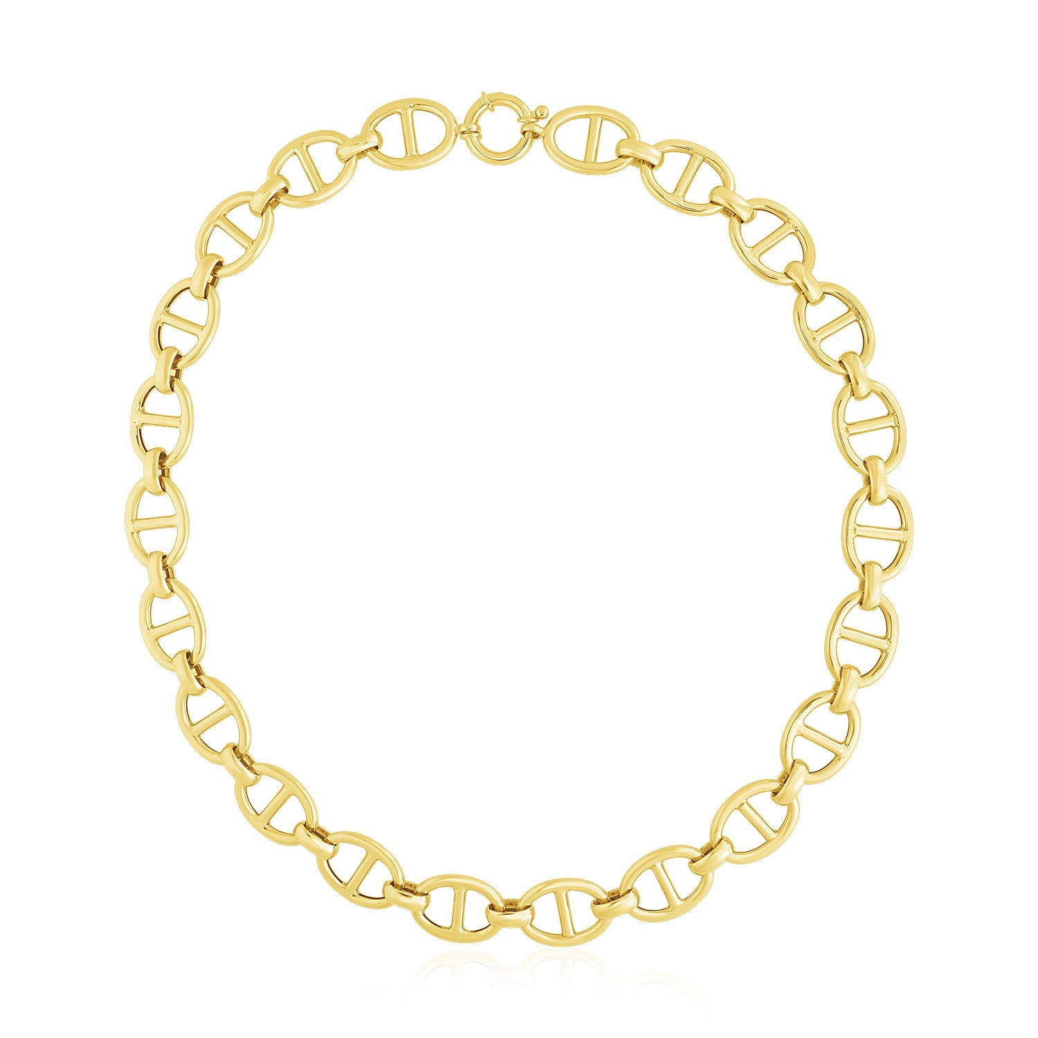 14k Yellow Gold High Polish Oval Mariner Link Necklace (13.8mm) in a sleek high-contrast midnight luxury editorial style