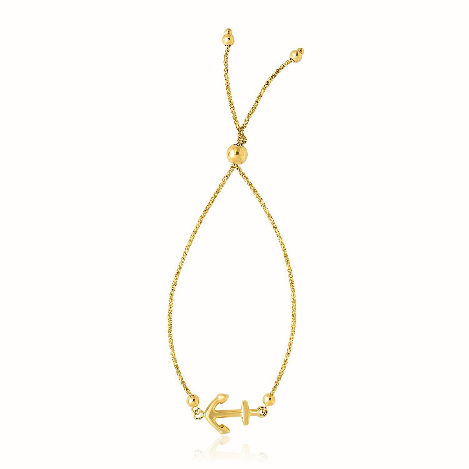 14k Yellow Gold Anchor Design Adjustable Lariat Bracelet in a sleek high-contrast midnight luxury editorial style