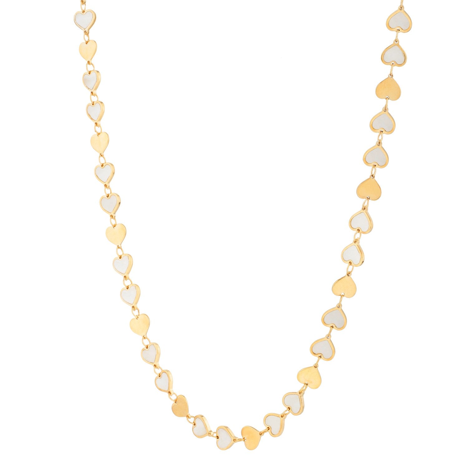 MOP Gem Heart Mirror Chain Necklace in 14K Yellow Gold in a sleek high-contrast midnight luxury editorial style