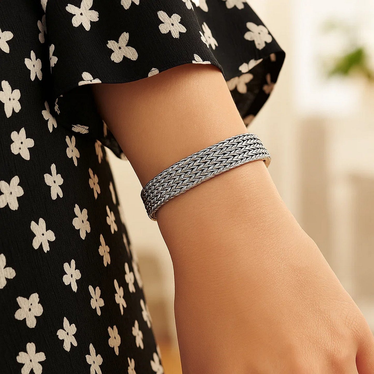 Woven Rope Bracelet with White Sapphire Accented Clasp in Sterling Silver