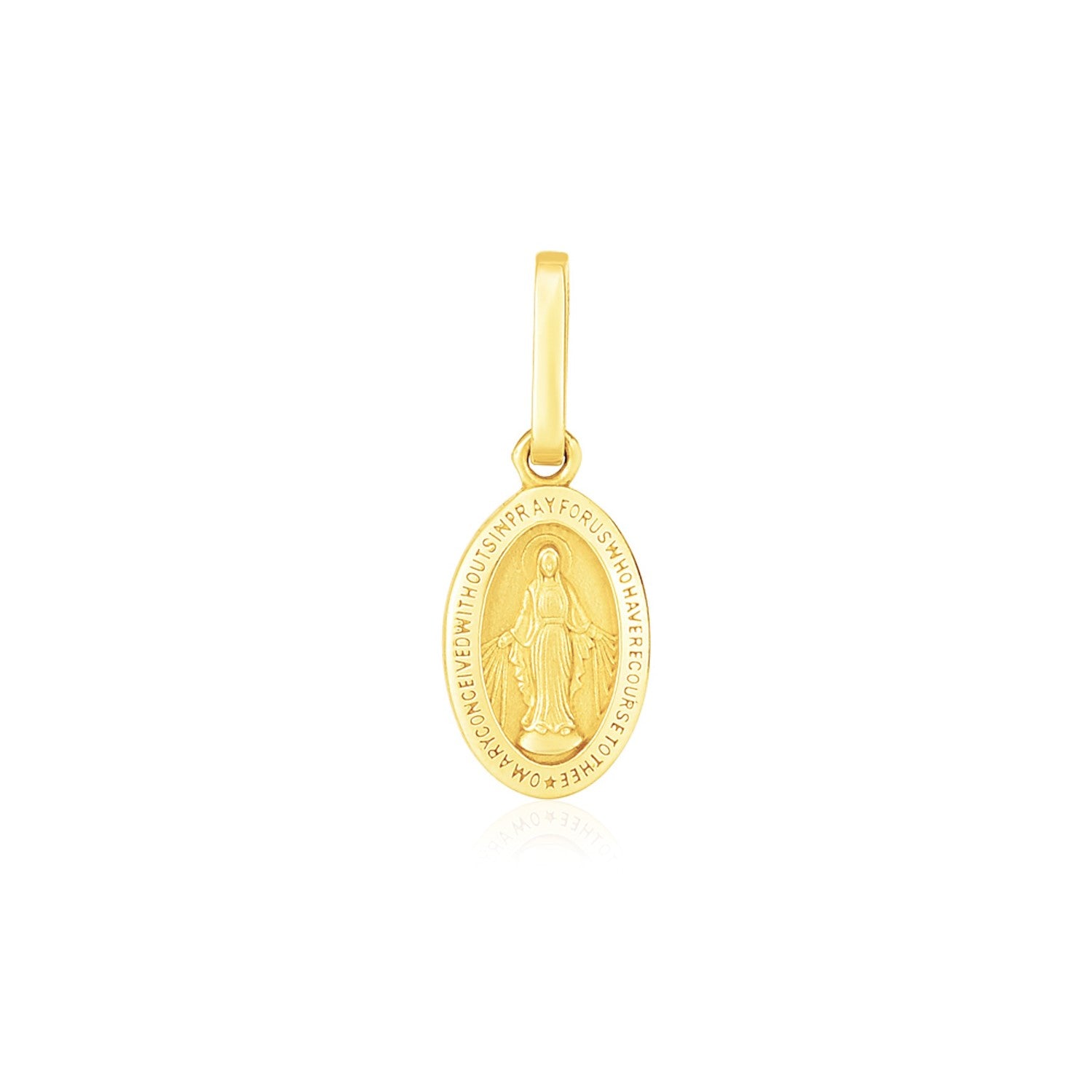 14k Yellow Gold Oval Religious Medal Pendant in a sleek high-contrast midnight luxury editorial style