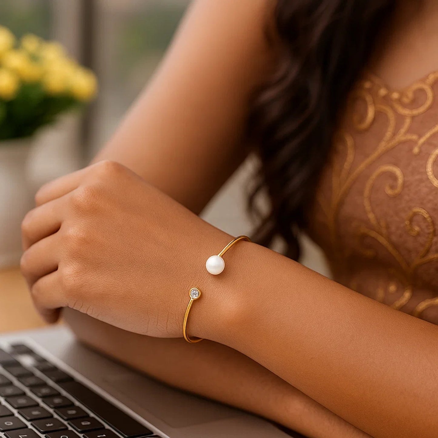 14k Yellow Gold Cuff Bangle with Pearl and Diamond (3.00 mm)