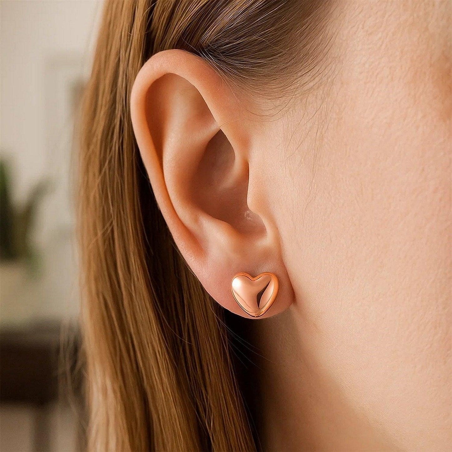 14k Rose Gold Puffed Heart Shape Shiny Earrings