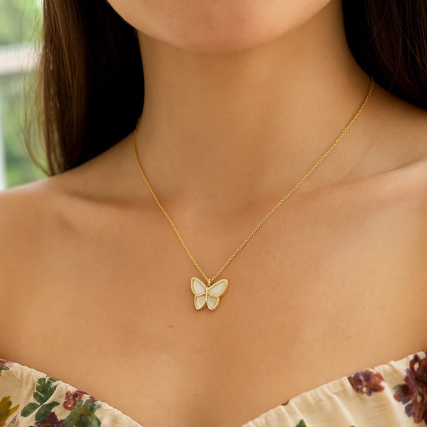 14k Yellow Gold High Polish Butterfly Peral Paste Necklace