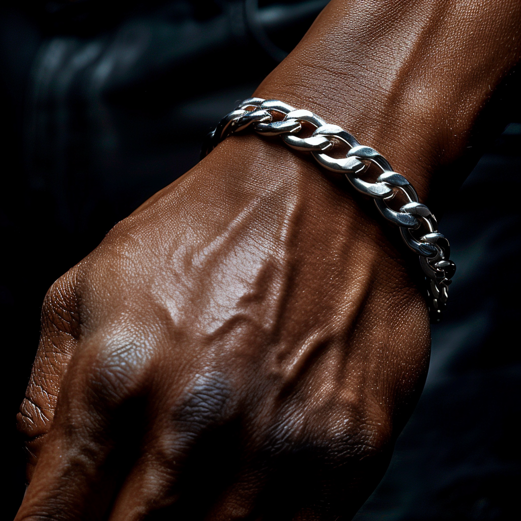 Silver chain bracelet on a person's wrist with a dark background