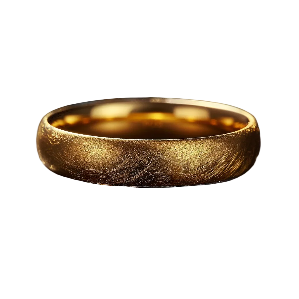 Gold ring with engraved design on a dark textured surface