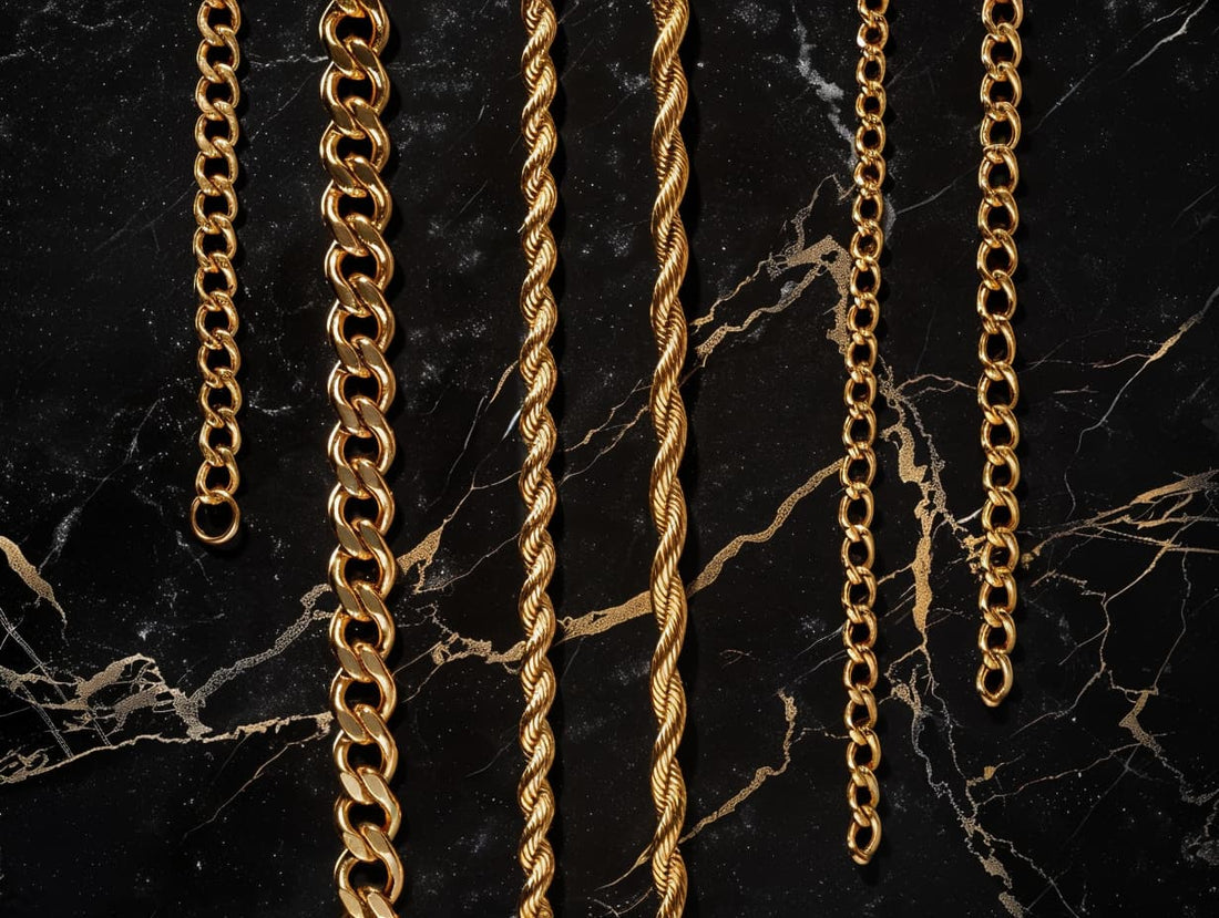 Five solid 14K gold chain styles side by side: Cuban, rope, figaro, round box and herringbone